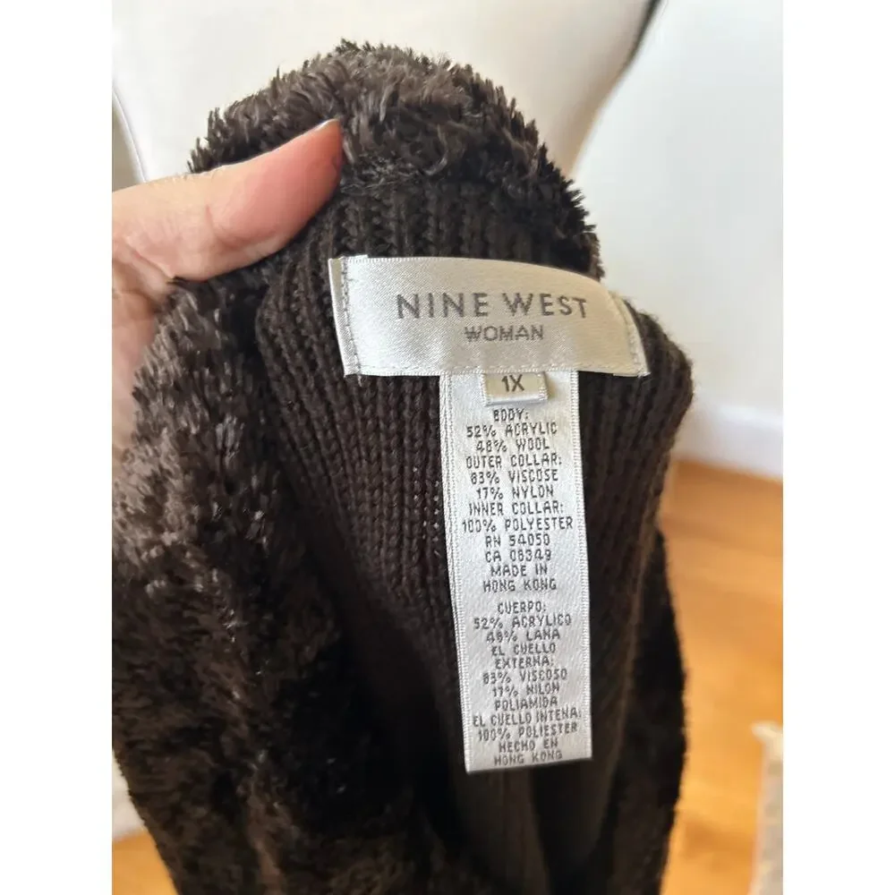 Vintage Y2K Nine West Brown Wool Knit Faux Fur Collar Long Sleeve Cardigan